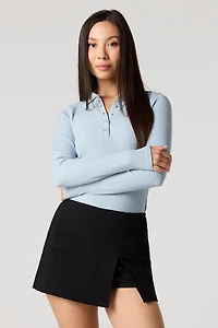 Ribbed Collared Long Sleeve Top