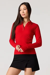Ribbed Collared Long Sleeve Top
