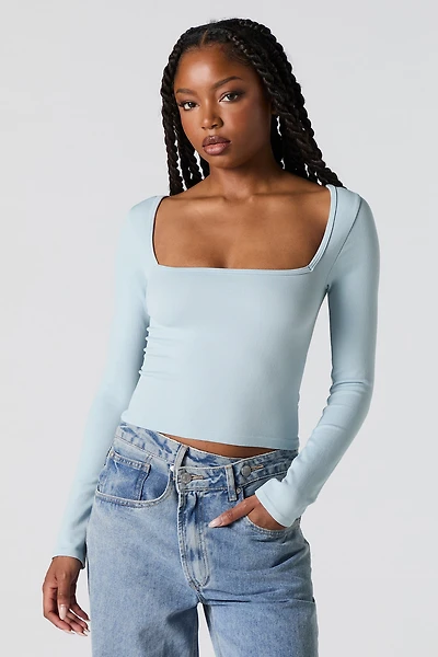 Ribbed Square Neck Long Sleeve Top