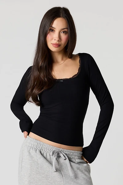Ribbed Lace Scoop Neck Long Sleeve Top