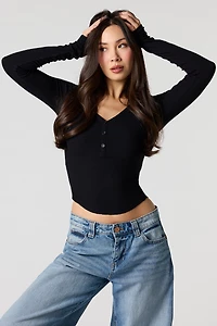 Ribbed V-Neck Henley Long Sleeve Top