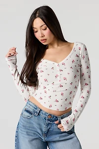 Ribbed V-Neck Henley Long Sleeve Top