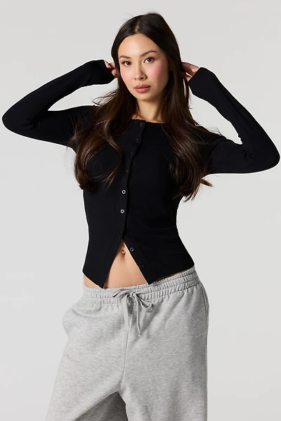 Ribbed Button-Up Long Sleeve Top