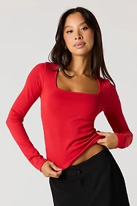Ribbed Long Sleeve Square Neck Top