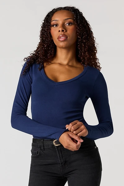 Ribbed V-Neck Long Sleeve Top