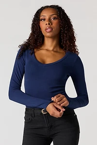 Ribbed V-Neck Long Sleeve Top