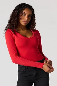 Ribbed V-Neck Long Sleeve Top