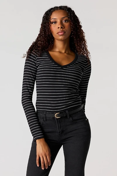 Ribbed V-Neck Long Sleeve Top