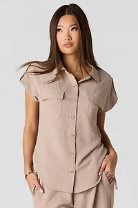 Textured Short Sleeve Button-Up Top