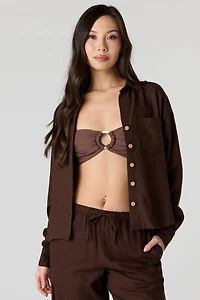Linen-Blend Long Sleeve Button-Up Top
