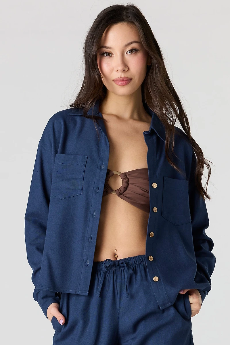 Linen-Blend Long Sleeve Button-Up Top
