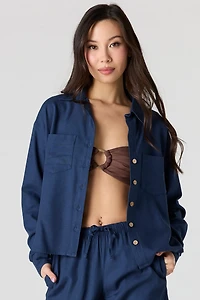 Linen-Blend Long Sleeve Button-Up Top