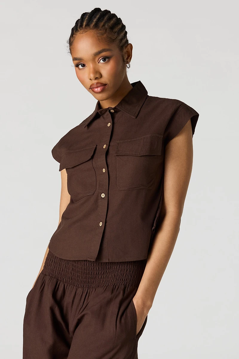Linen-Blend Button-Up Collared Top