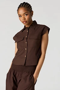 Linen-Blend Button-Up Collared Top