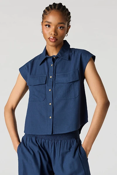 Linen-Blend Button-Up Collared Top