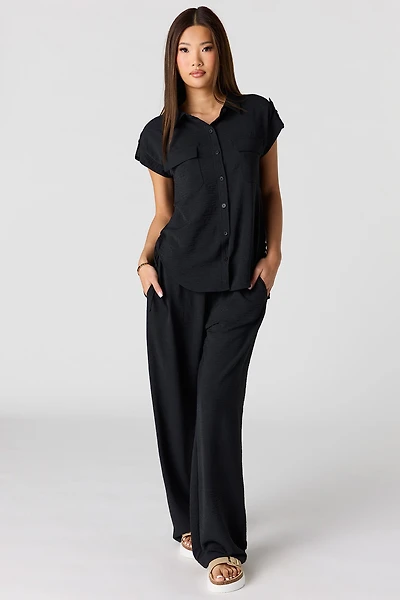 Textured Drawstring Wide Leg Pant