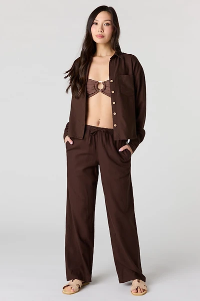 Linen-Blend Drawstring Wide Leg Pant