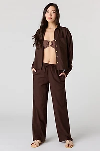 Linen-Blend Drawstring Wide Leg Pant