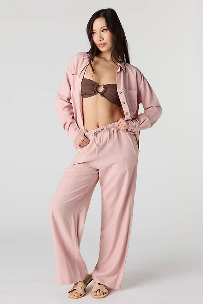 Linen-Blend Drawstring Wide Leg Pant