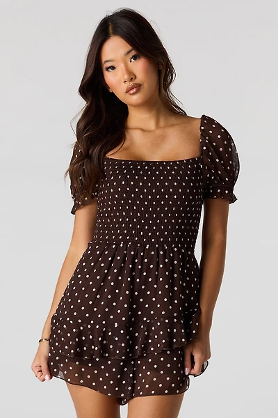 Minirobe smockée en chiffon avec manches bouffantes