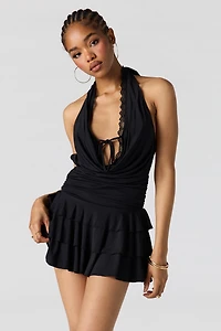 Cowl Neck Ruffled Halter Romper