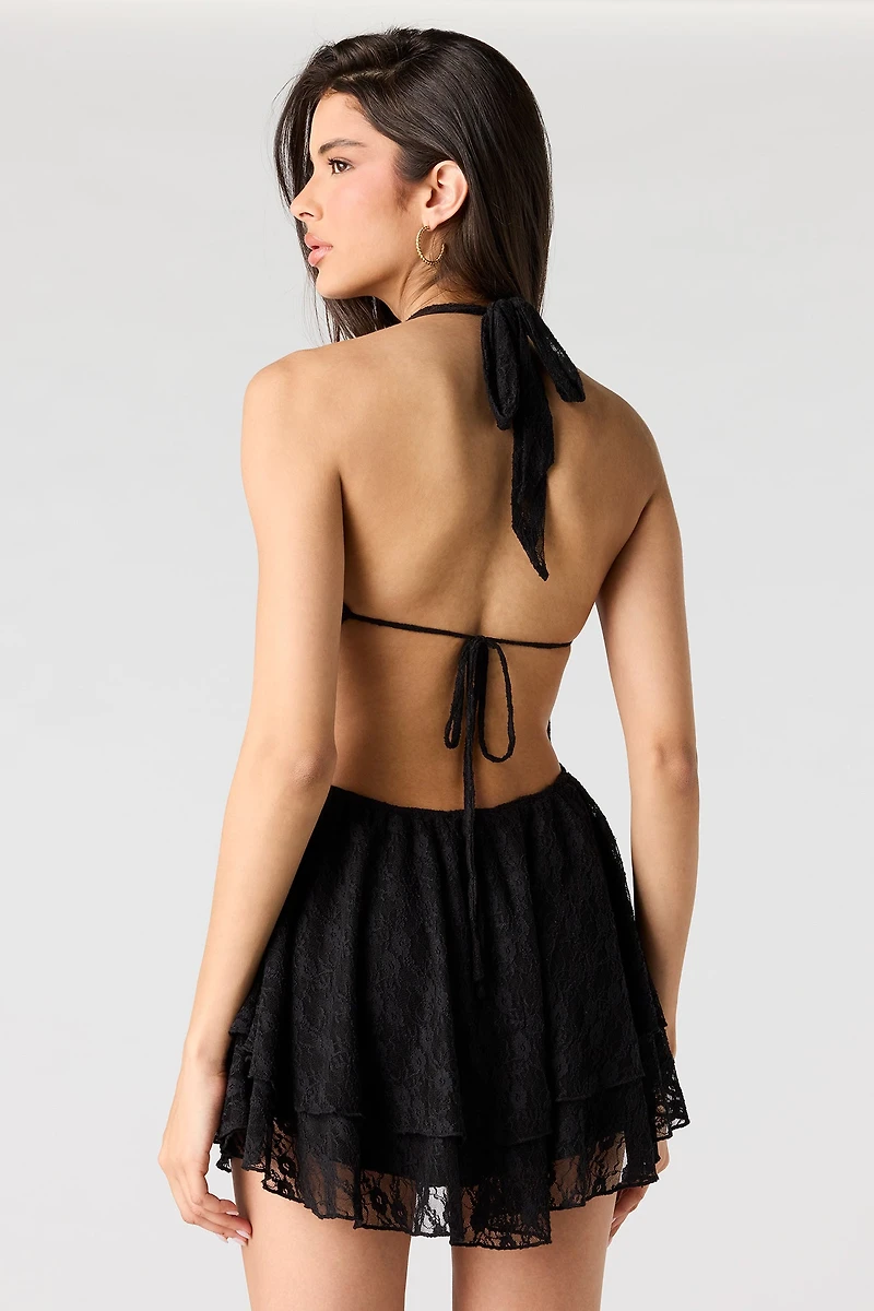 Lace Cowl Neck Halter Dress