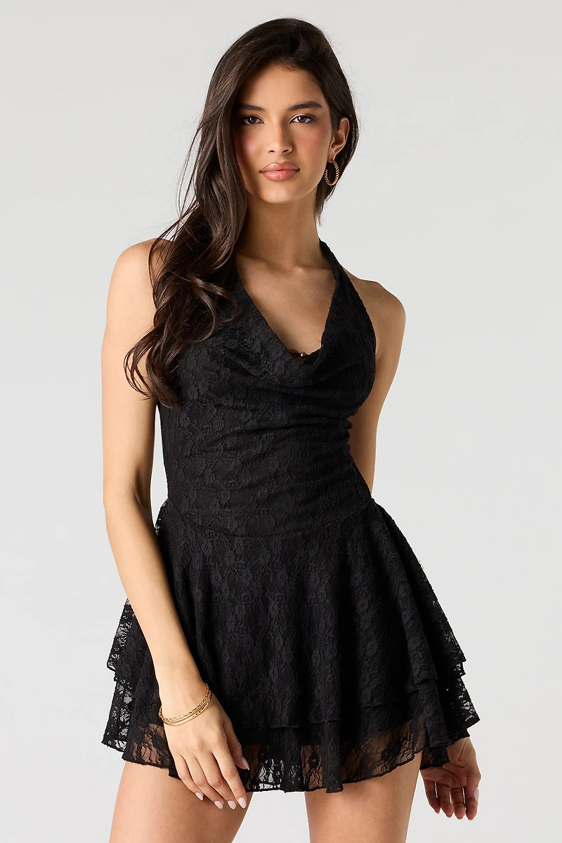 Lace Cowl Neck Halter Dress
