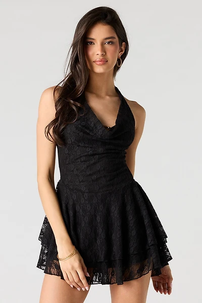 Lace Cowl Neck Halter Dress
