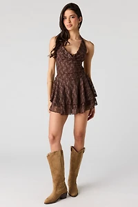 Lace Cowl Neck Halter Dress