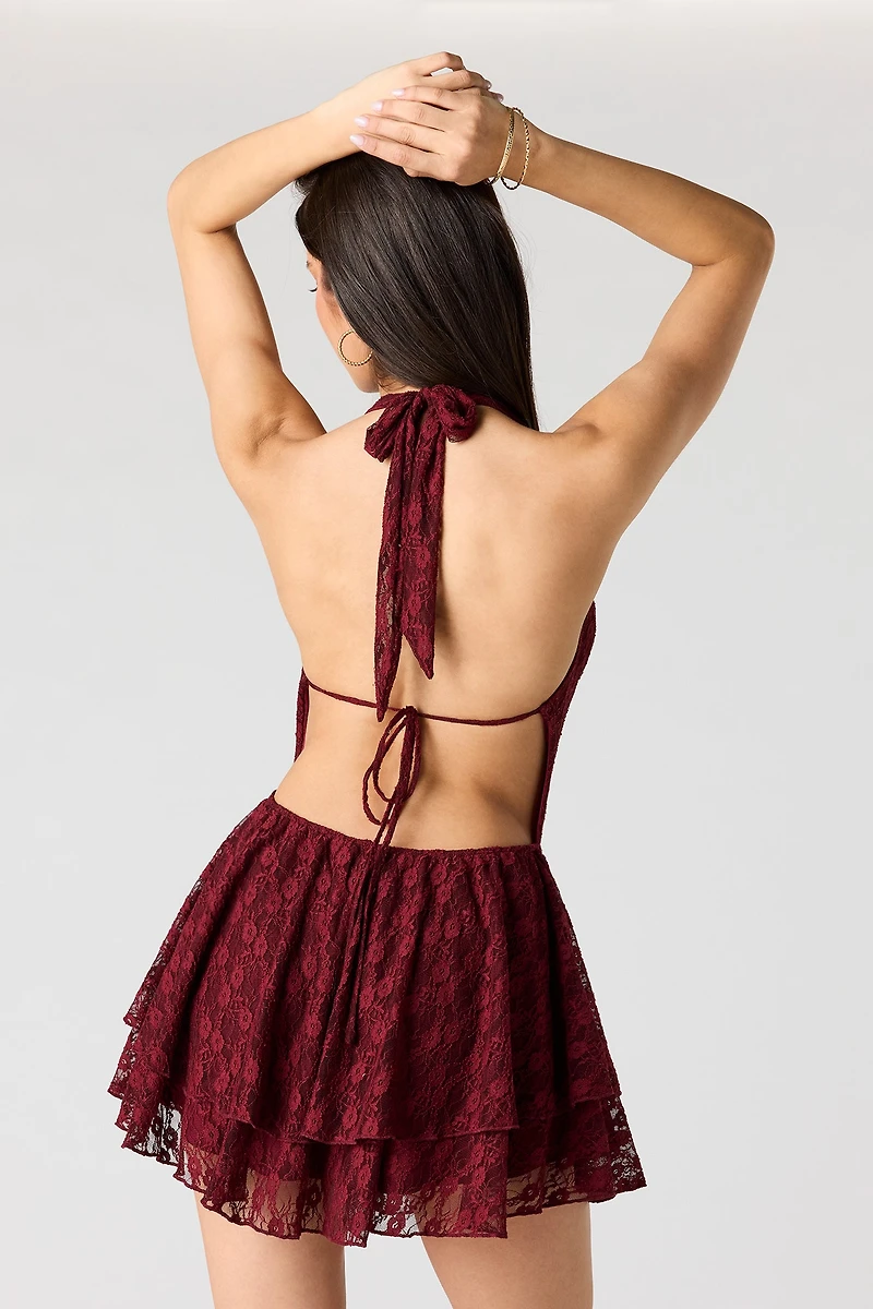 Lace Cowl Neck Halter Dress