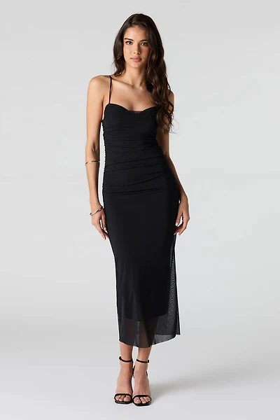 Mesh Ruched Bustier Midi Dress