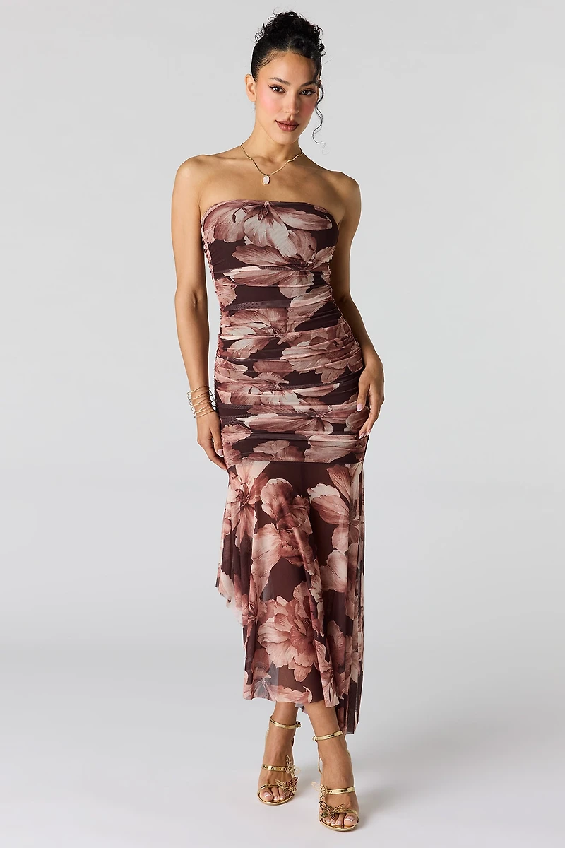 Robe tubulaire ruchée en filet à taille basse