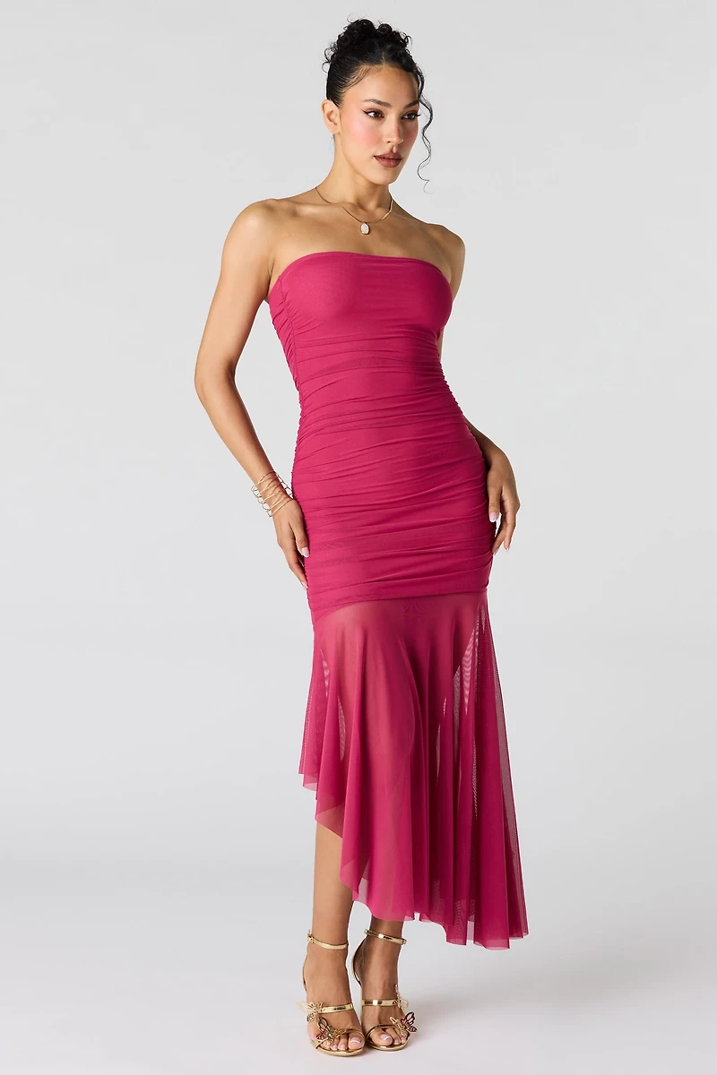 Ruched Mesh Drop Waist Tube Dress