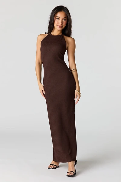 Textured Halter Slit Midi Dress