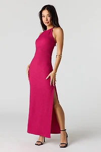 Textured Halter Slit Midi Dress