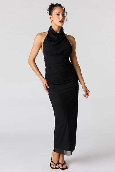 Mesh Cowl Neck Maxi Halter Dress