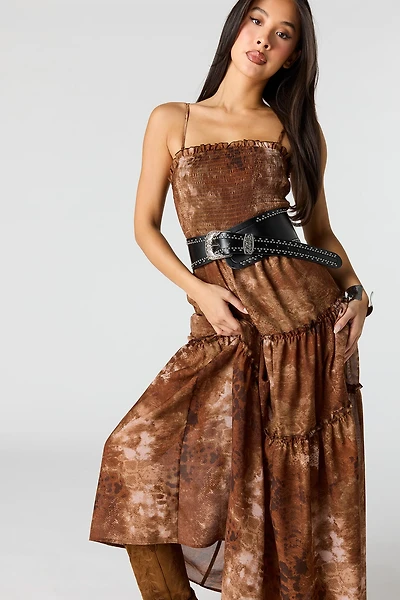 Chiffon Smocked Tiered Slit Maxi Dress
