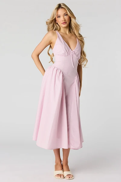 V-Neck Lace-Up Back Midi Dress