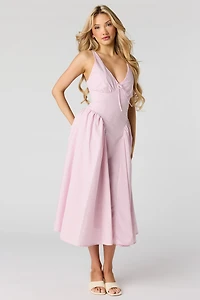 V-Neck Lace-Up Back Midi Dress