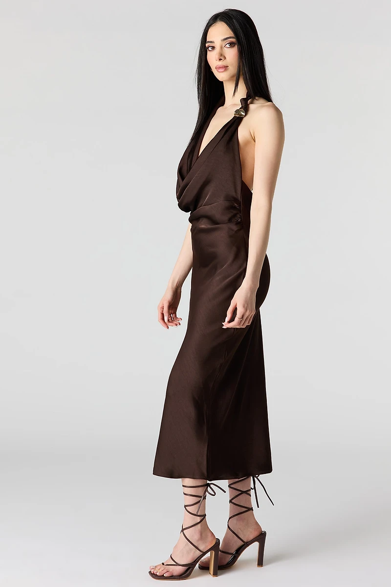 Satin Cowlneck Metal Ring Midi Dress