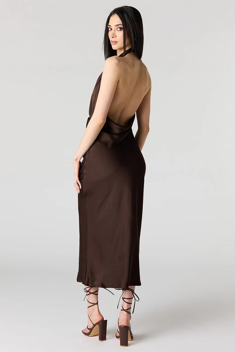 Satin Cowlneck Metal Ring Midi Dress