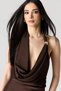 Satin Cowlneck Metal Ring Midi Dress