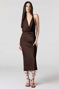 Satin Cowlneck Metal Ring Midi Dress