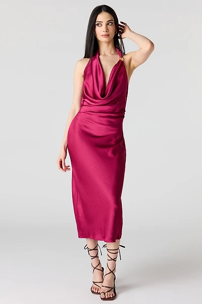 Satin Cowlneck Metal Ring Midi Dress
