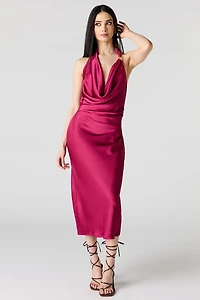 Satin Cowlneck Metal Ring Midi Dress