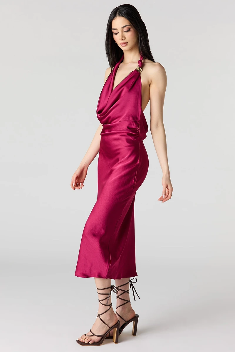 Satin Cowlneck Metal Ring Midi Dress