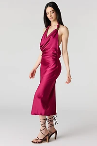 Satin Cowlneck Metal Ring Midi Dress