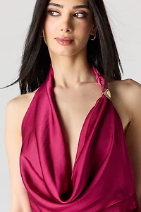 Satin Cowlneck Metal Ring Midi Dress
