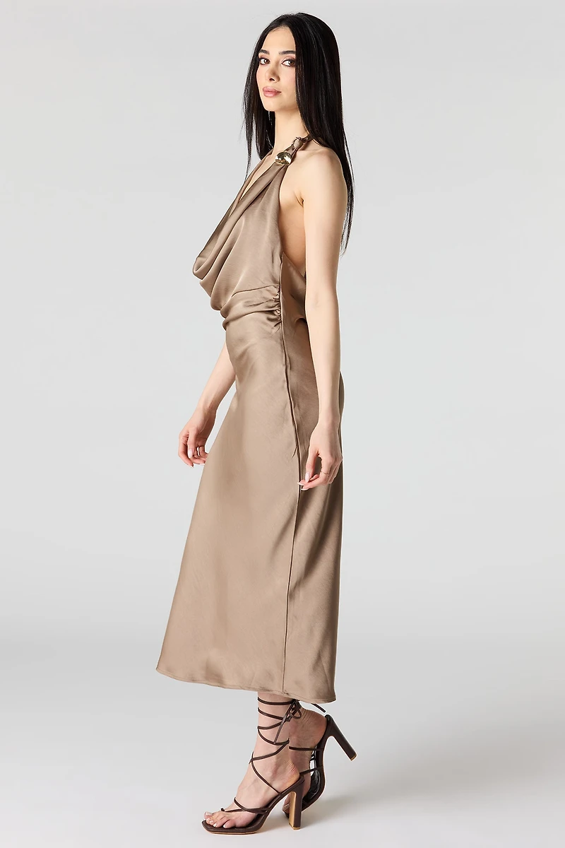 Satin Cowlneck Metal Ring Midi Dress