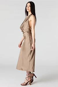 Satin Cowlneck Metal Ring Midi Dress
